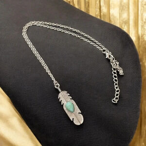 Turquoise Stone Feather Bohemian Silver Plated Necklace